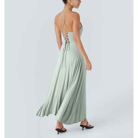 Halara Ribbed Cowl Neck Backless Crisscross Lace Up Split Midi Party Dress Sz Me - Picture 5 of 14